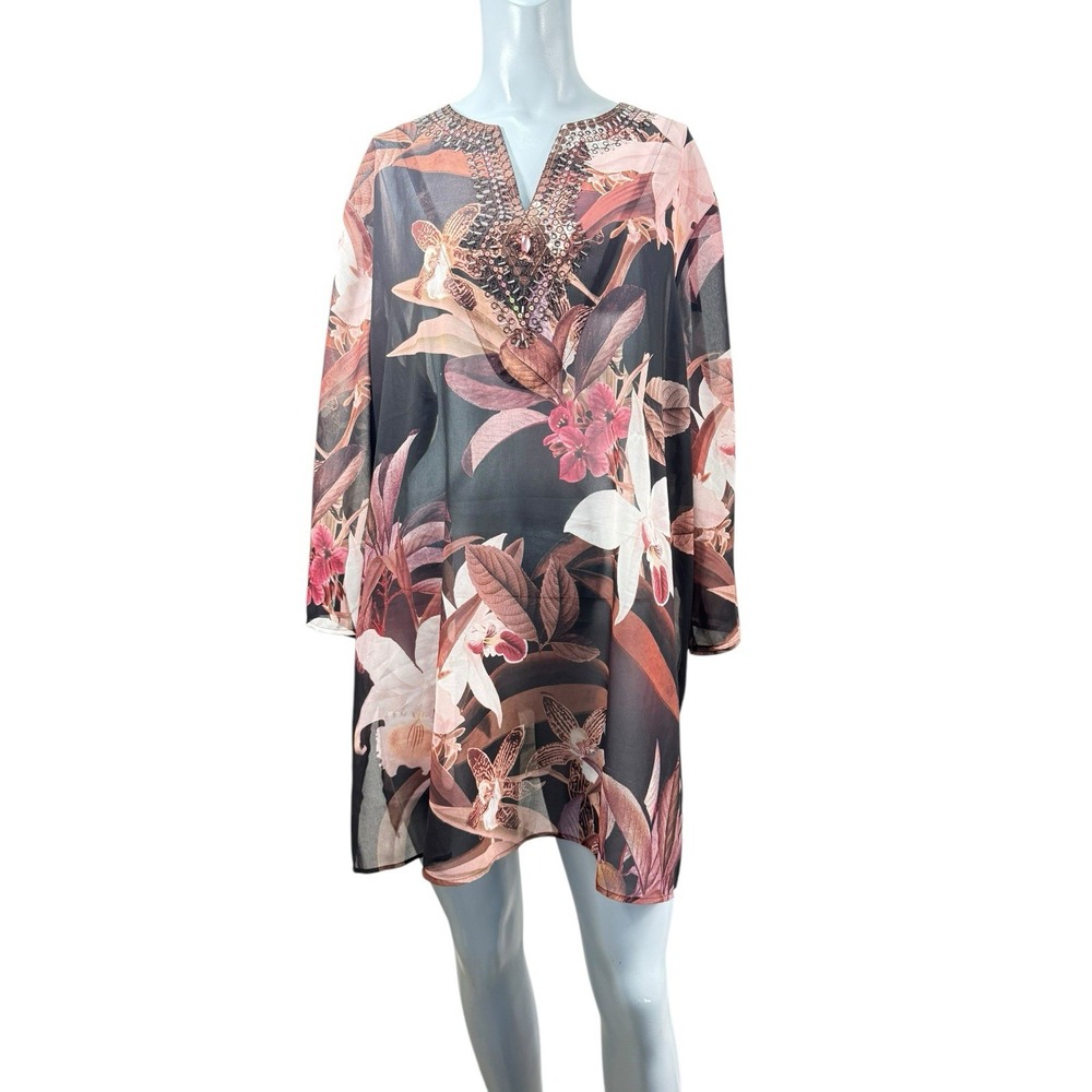 Women's Chicos Sz 4 Embellished Sheer Multicolored Floral Top‎ beaded Sequined